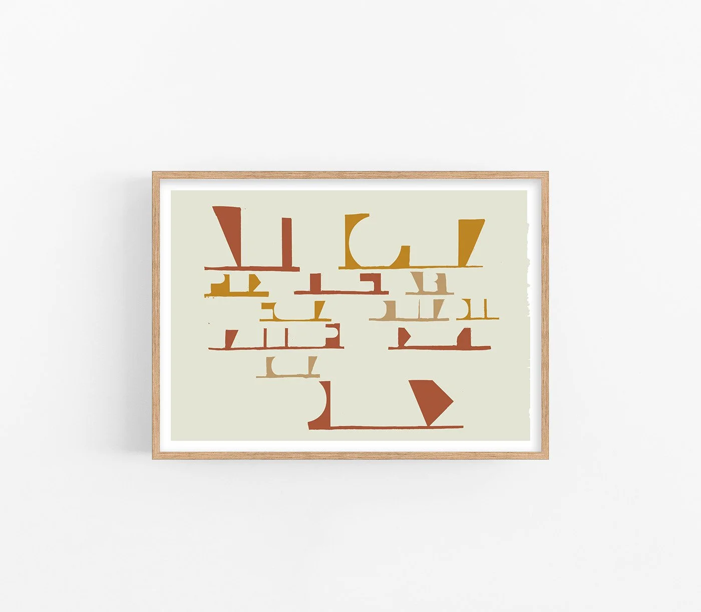 Frontal view of "On the Drift No. 3" art print, a complex nautical abstraction with earth-toned terracotta and sand-colored shapes in a light oak frame on a white background.