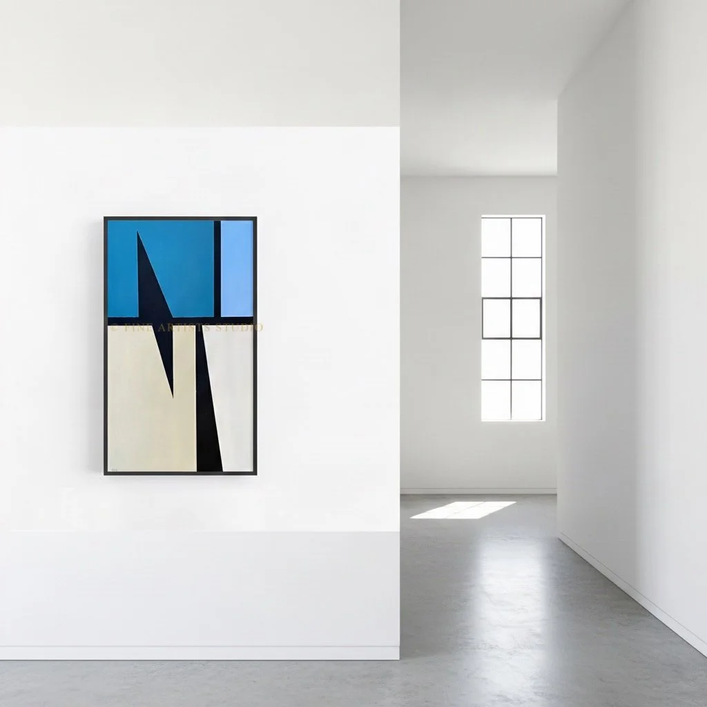 Abstract green painting "Signal IV" styled in a contemporary home interior on a white wall in a minimalist gallery.