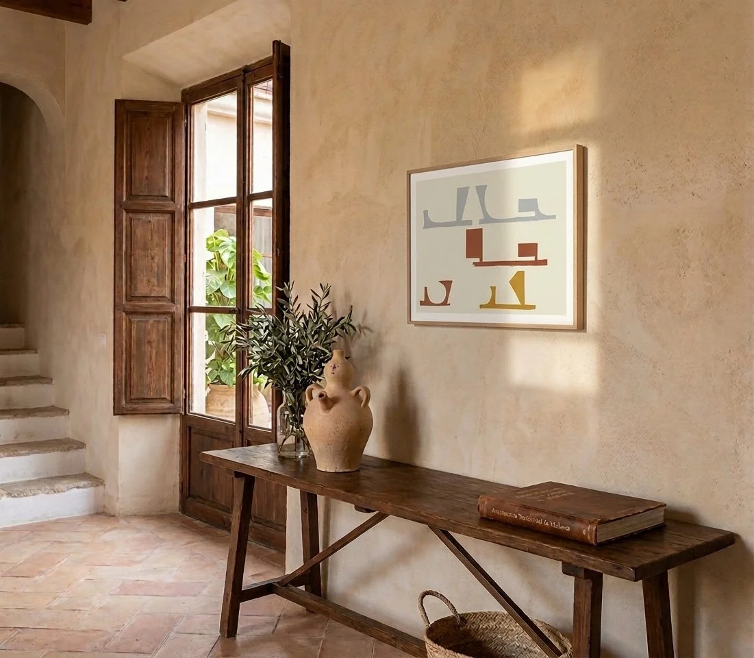Perspective view of a sunlit coastal hallway with an abstract art print on a plaster wall, showing natural light shadows and high-end Mediterranean interior design aesthetics.