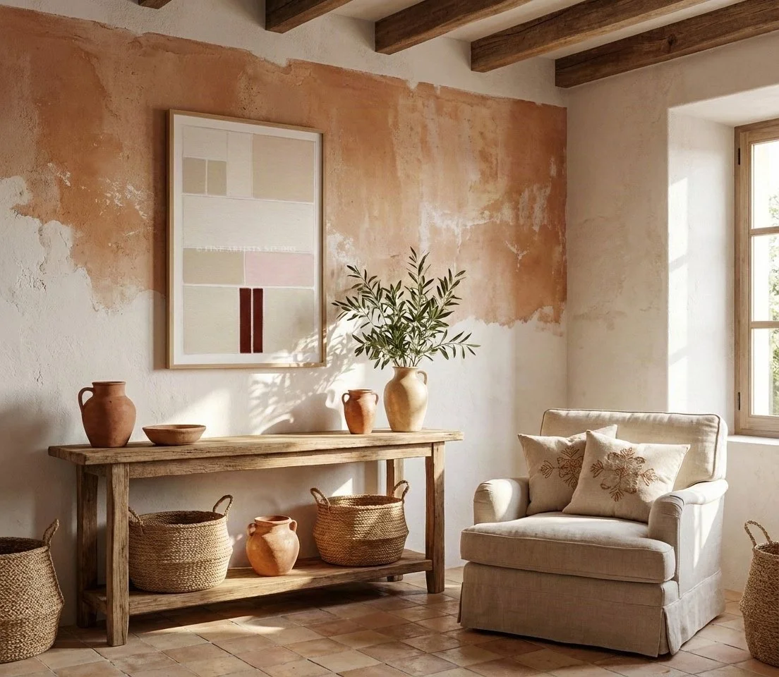 Geometric art print SCHEMA I by Aggeliki Dimitriadou. Inspired by Greek ruins, the pastel abstract artwork hangs on a rustic terracotta plaster wall above a console table with earthenware pots.