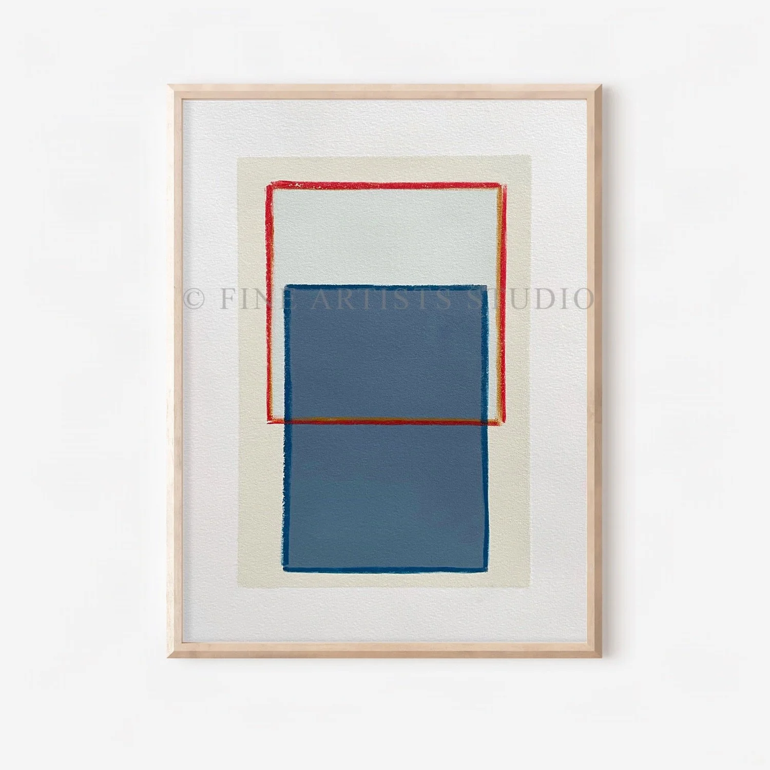 Minimalist handmade artwork titled "Traces Red" by Aggeliki Dimitriadou, featuring a solid blue color block and a fine red line painted with oil pastels using a hand-cut stencil.