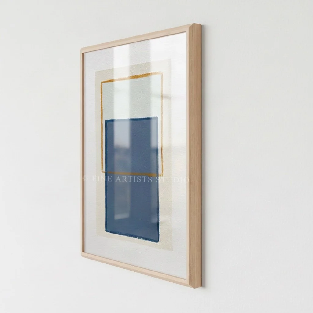 Limited edition artwork,  "Traces Yellow" by Aggeliki Dimitriadou, featuring a solid blue color block and a yellow line painted with oil pastels using a hand-cut stencil, angled.