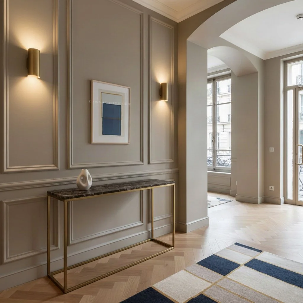 Limited edition artwork, "Traces Yellow" by Aggeliki Dimitriadou, featuring a solid blue color block and a fine yellow line painted with oil pastels using a hand-cut stencil, Parisian interior.