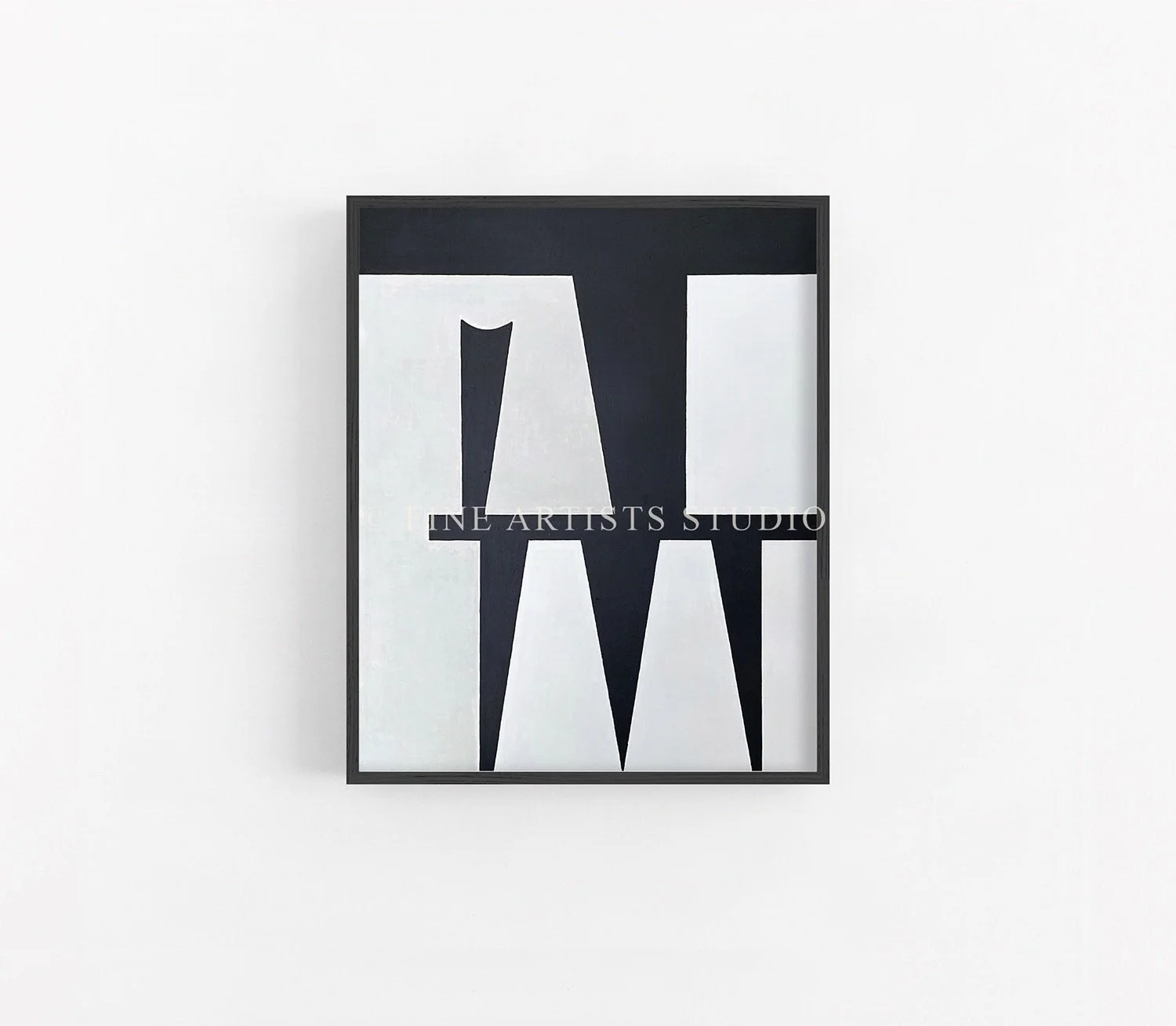 "Signal VI" by Spyridon Andrikou, a vertical abstract painting featuring blocky black typographic shapes interacting with a white background.
