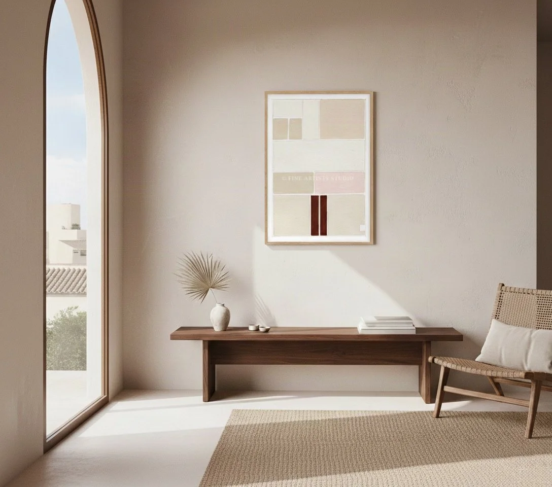 Abstract art print SCHEMA I by Aggeliki Dimitriadou inspired by ancient Greek ruins. The minimalist pastel piece is styled above a wood bench next to a large window with a Mediterranean view.