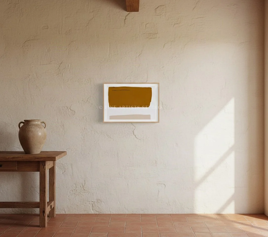 Front shot of a framed abstract geometric print showcasing the clean brown and pink shapes in a contemporary interior setting.
