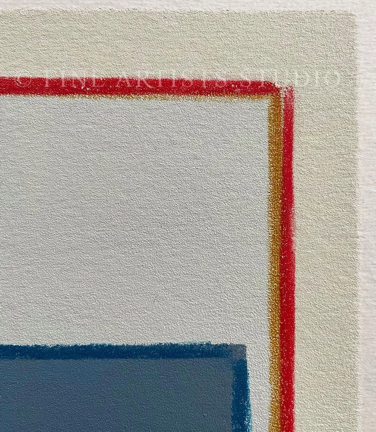 Minimalist handmade artwork titled "Traces Red" by Aggeliki Dimitriadou, featuring a solid blue color block and a fine red line painted with oil pastels using a hand-cut stencil, macro details.