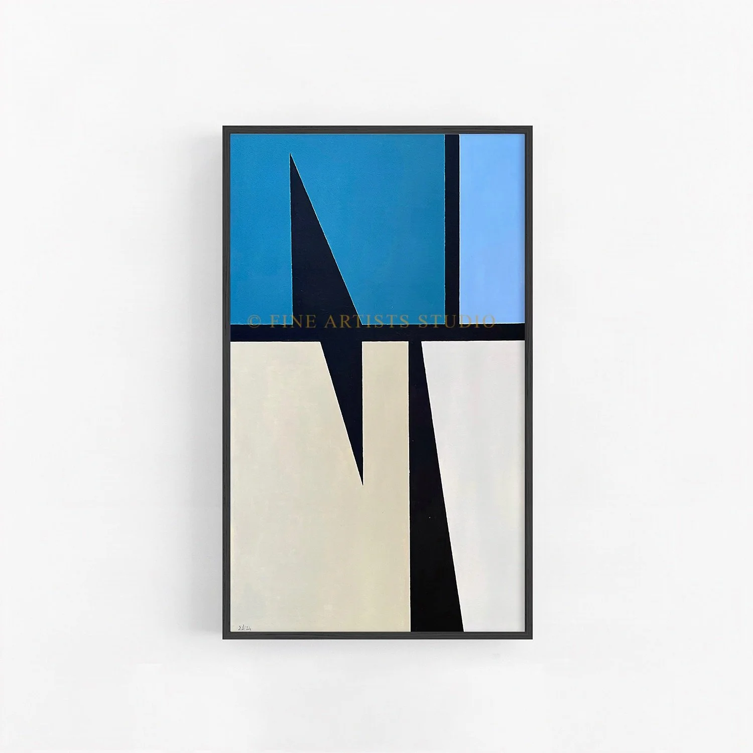 "Signal IV" by Spyridon Andrikou, a vertical geometric abstract acrylic painting with blue shades and bold black and off-white shapes.