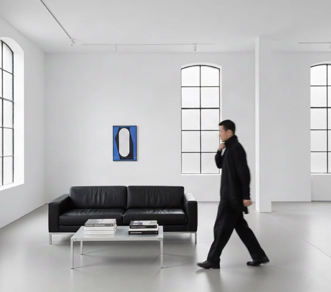 Modern industrial loft interior featuring the "Signal II" painting mounted above a low black leather sofa, with large gridded factory windows in the background.