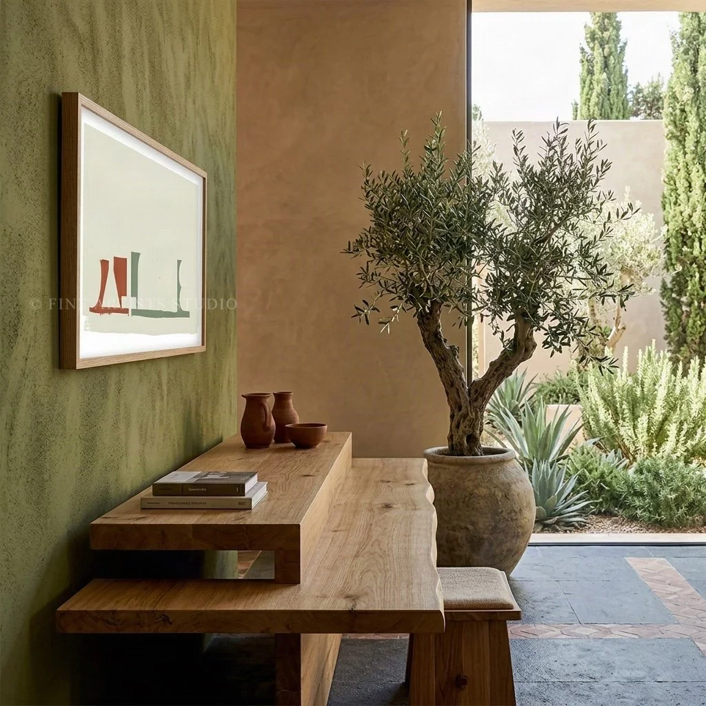Daylight view of a horizontal modern art print hanging over a live-edge wooden table next to a potted olive tree in a minimalist Mediterranean courtyard room.