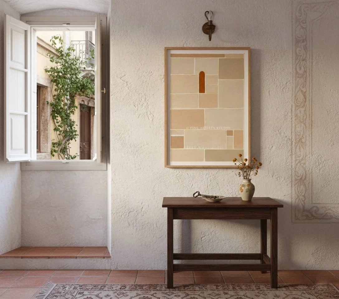 Framed abstract print SCHEMA III by Aggeliki Dimitriadou for Fine Artists studio over a built-in bench next to a door opening to an Acropolis view.