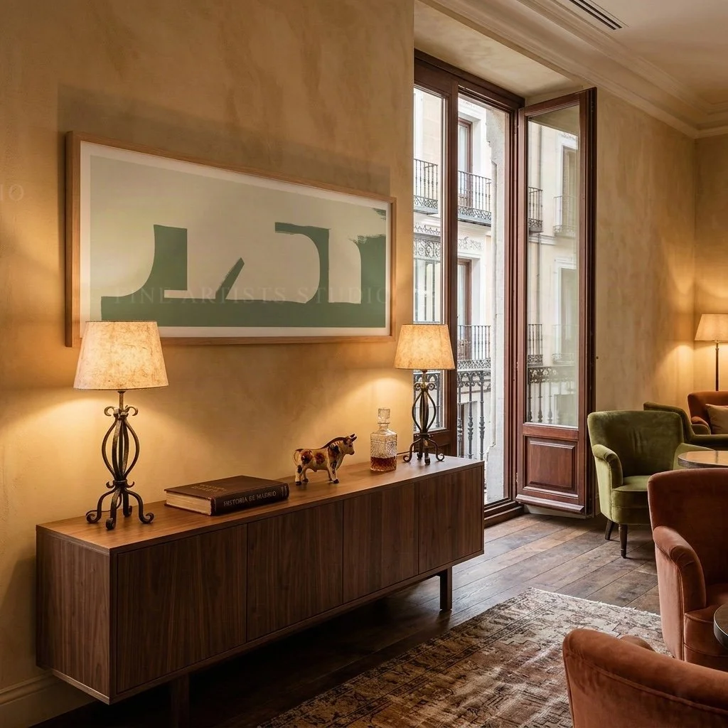 Large horizontal abstract green print styled in a moody, warm-toned mid-century living room above a dark wood sideboard with lamps.