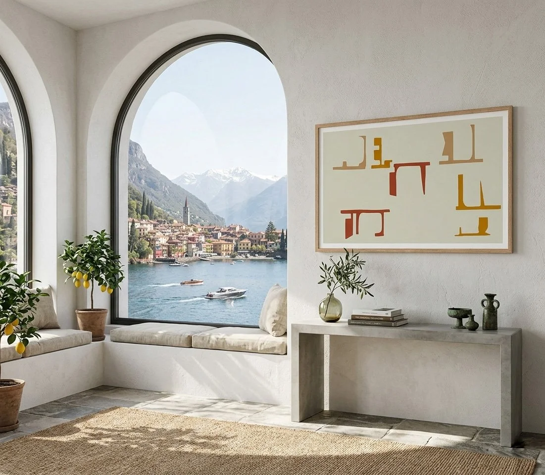 Mediterranean luxury interior with an arched stone ceiling, featuring a large horizontal abstract print above a minimalist beige sofa in a sun-drenched, airy living room.
