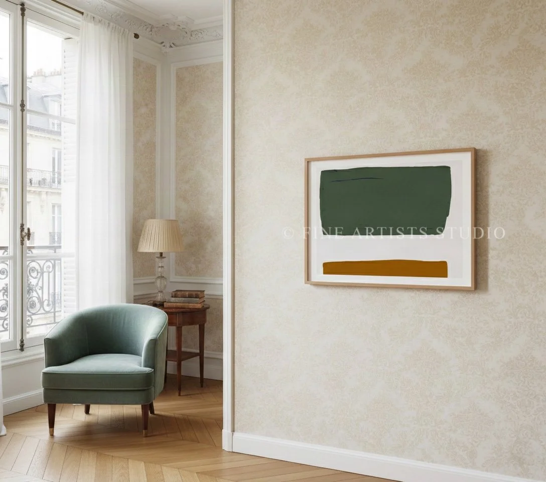 Modern abstract geometric print framed in oak, hanging on a neutral  contemporary minimalist wallpaper wall.