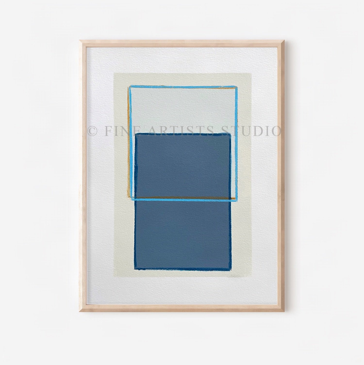 Minimalist handmade artwork titled "Traces Blue" by Aggeliki Dimitriadou, featuring a solid blue color block and a fine azure line painted with oil pastels using a hand-cut stencil.