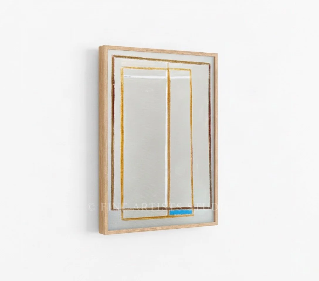 Angled detail of "Centerline" framed artwork by Aggeliki Dimitriadou, showing the hand-painted oil pastel textures.