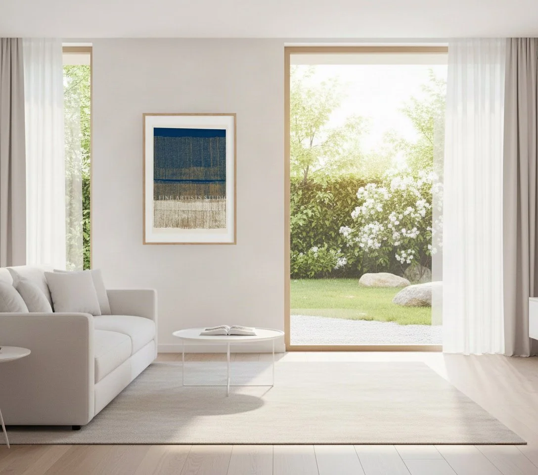 Modern living room interior with a cozy sofa and garden view, featuring the framed blue artwork Terra d'Oltremare.