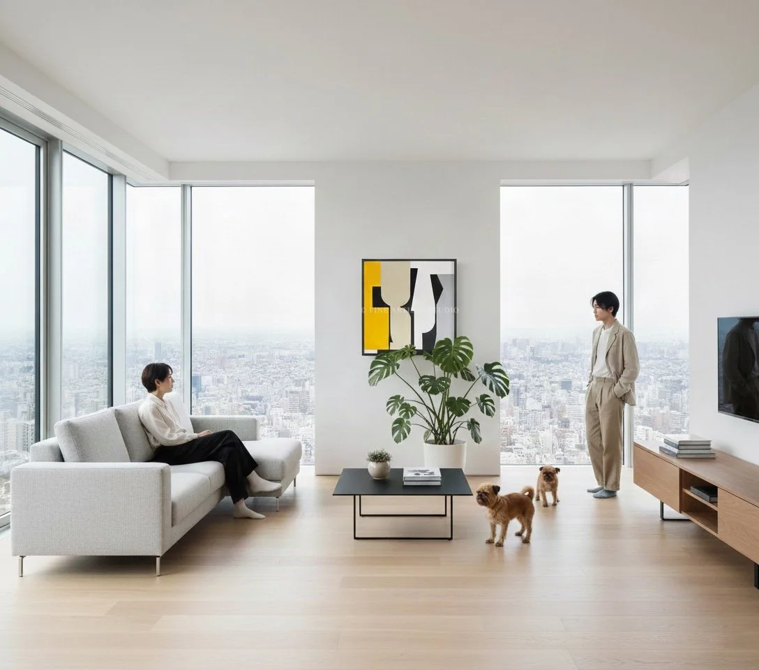 Wide room view with the yellow abstract painting "Signal VIII" styled as a focal point in a modern house in Tokyo.