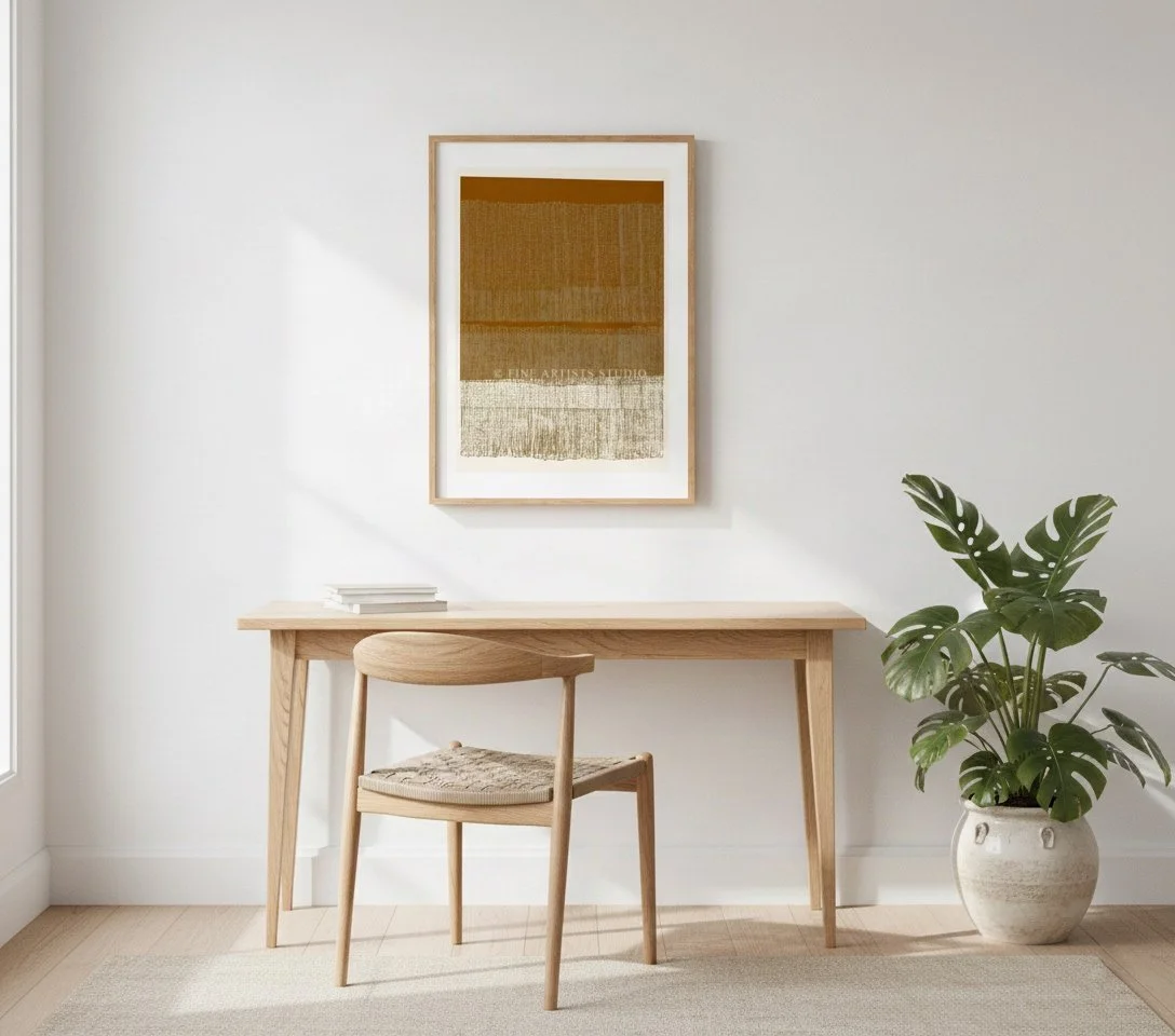 Framed earth-tone art print Terra d’Ombra by Aggeliki Dimitriadou styled above a wooden desk and chair next to a monstera plant.