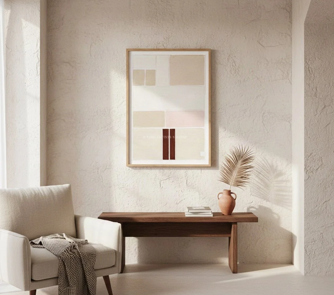 Pastel geometric art print SCHEMA I by Aggeliki Dimitriadou inspired by Greek ruins. The textured abstract piece is on a beige stucco wall above a  wooden bench, styled with a modern linen armchair.