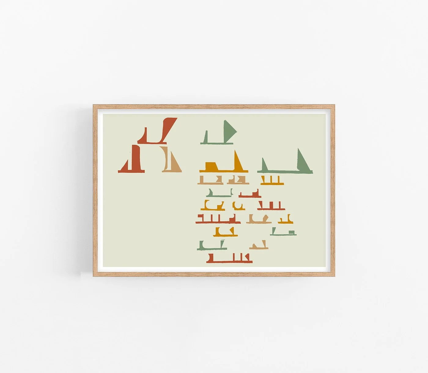 Large horizontal art print On the Drift No. 08 measuring 100x70cm, featuring a complex nautical abstraction with earth-toned shapes in a light oak frame on a white background.