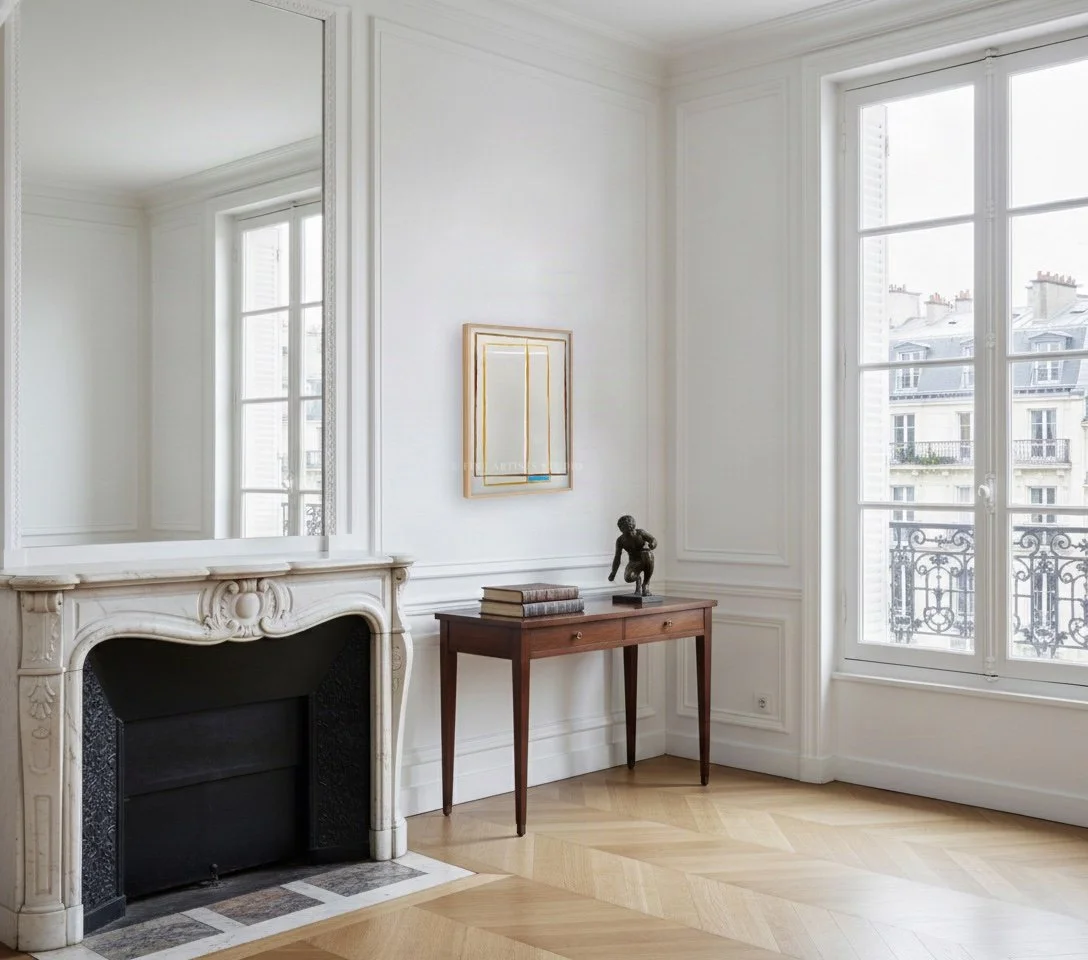 "Centerline" abstract art by Aggeliki Dimitriadou styled on a white wall in a bright, elegant living room interior.
