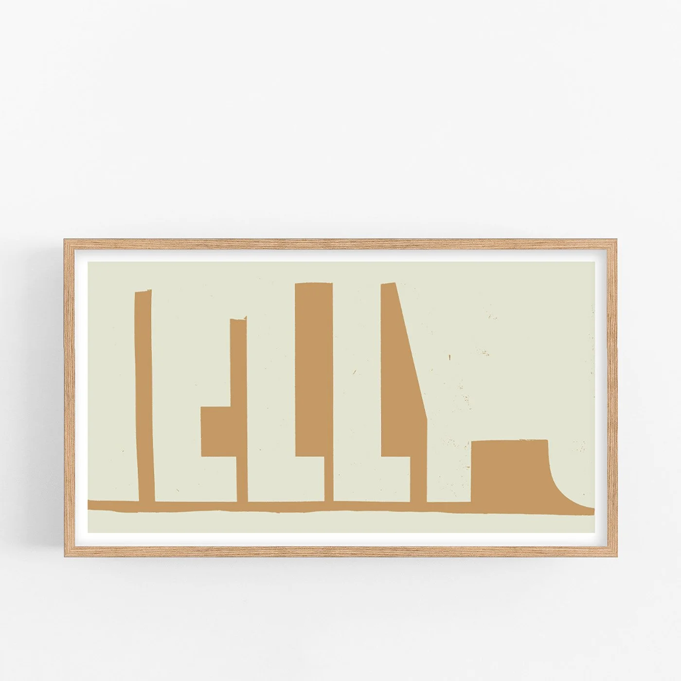 Minimalist 90x50cm panoramic art print On the Drift No. 10, featuring abstract yellow ochre and sand-colored nautical shapes in a light oak frame.