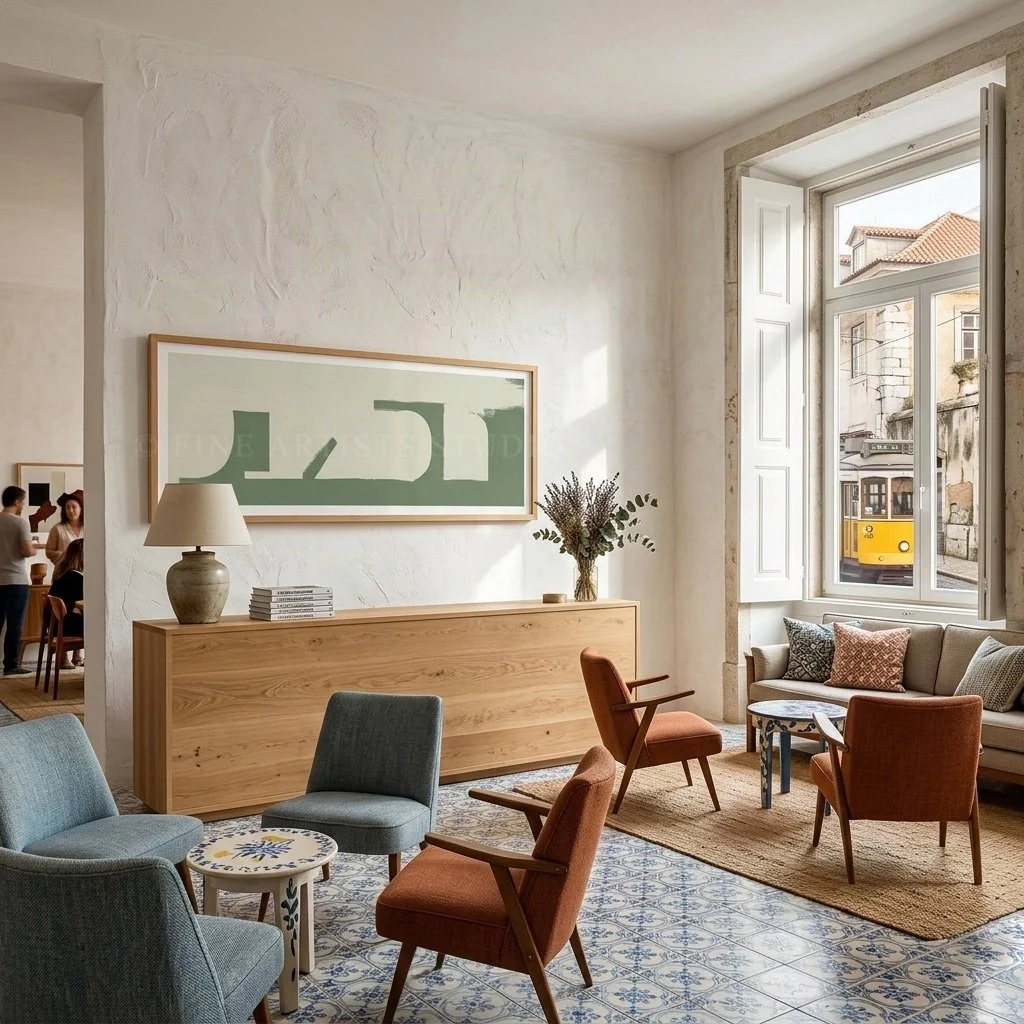 Minimalist horizontal green art print hanging on a textured, patterned tile wall overlooking a coastal Portuguese street with a classic yellow tram.