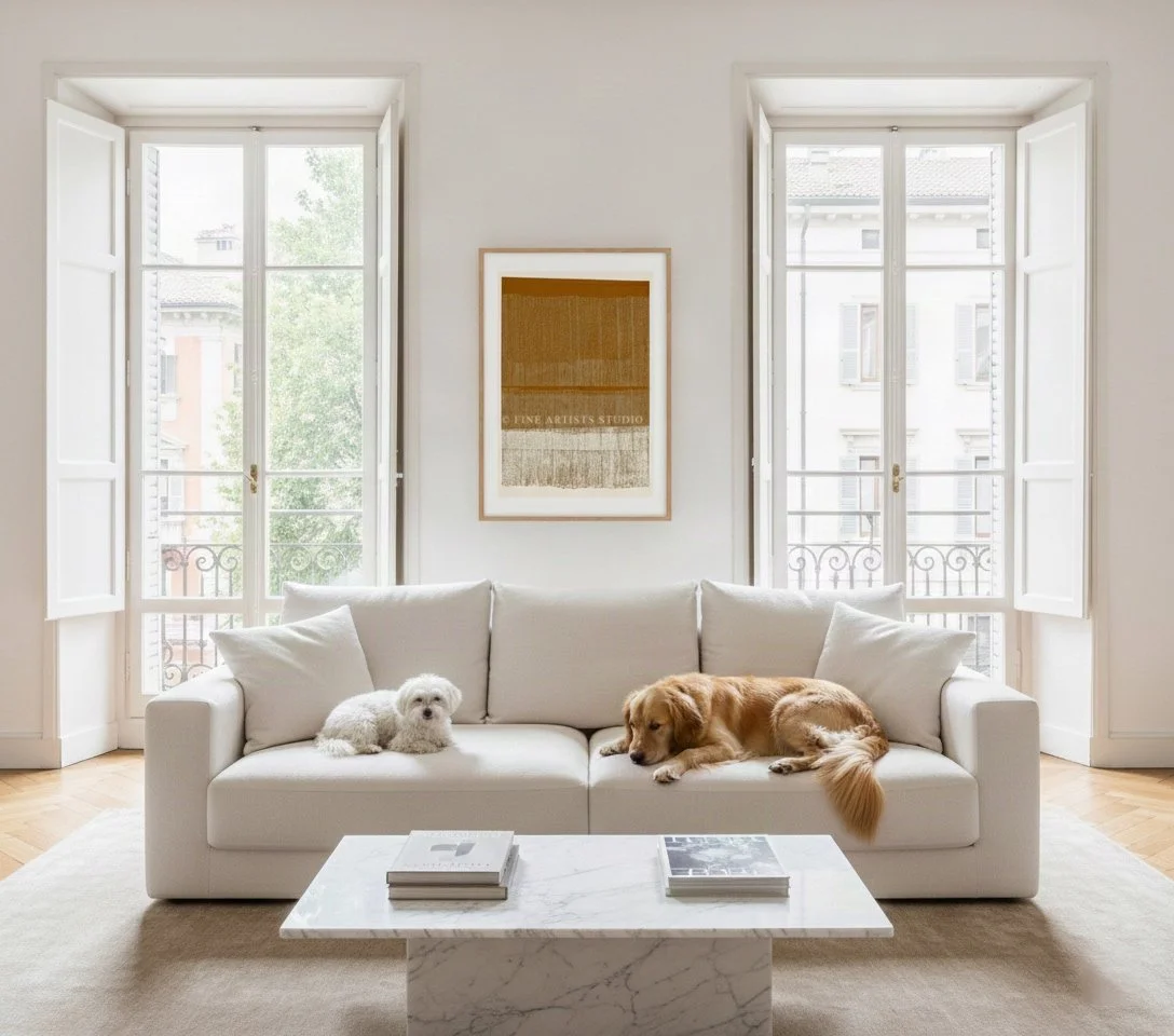 Framed Terra d’Ombra art print by Aggeliki Dimitriadou for Fine Artists studio centered between two large windows. The ochre abstract piece hangs above a white sofa with two dogs.