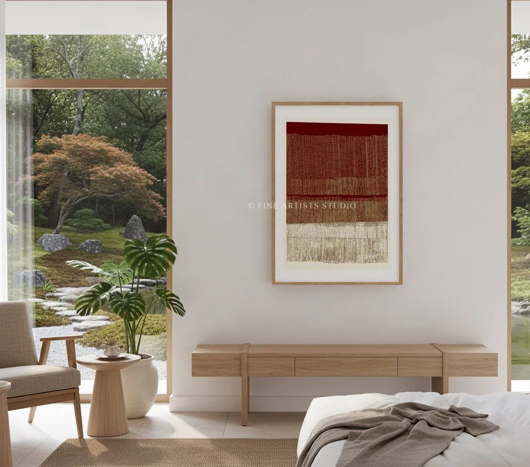 A modern Japandi-style bedroom with light oak accents and a large window showcasing a lush green garden. The framed abstract artwork "Terra di Siena" hangs centered on a white wall above a low  bench.
