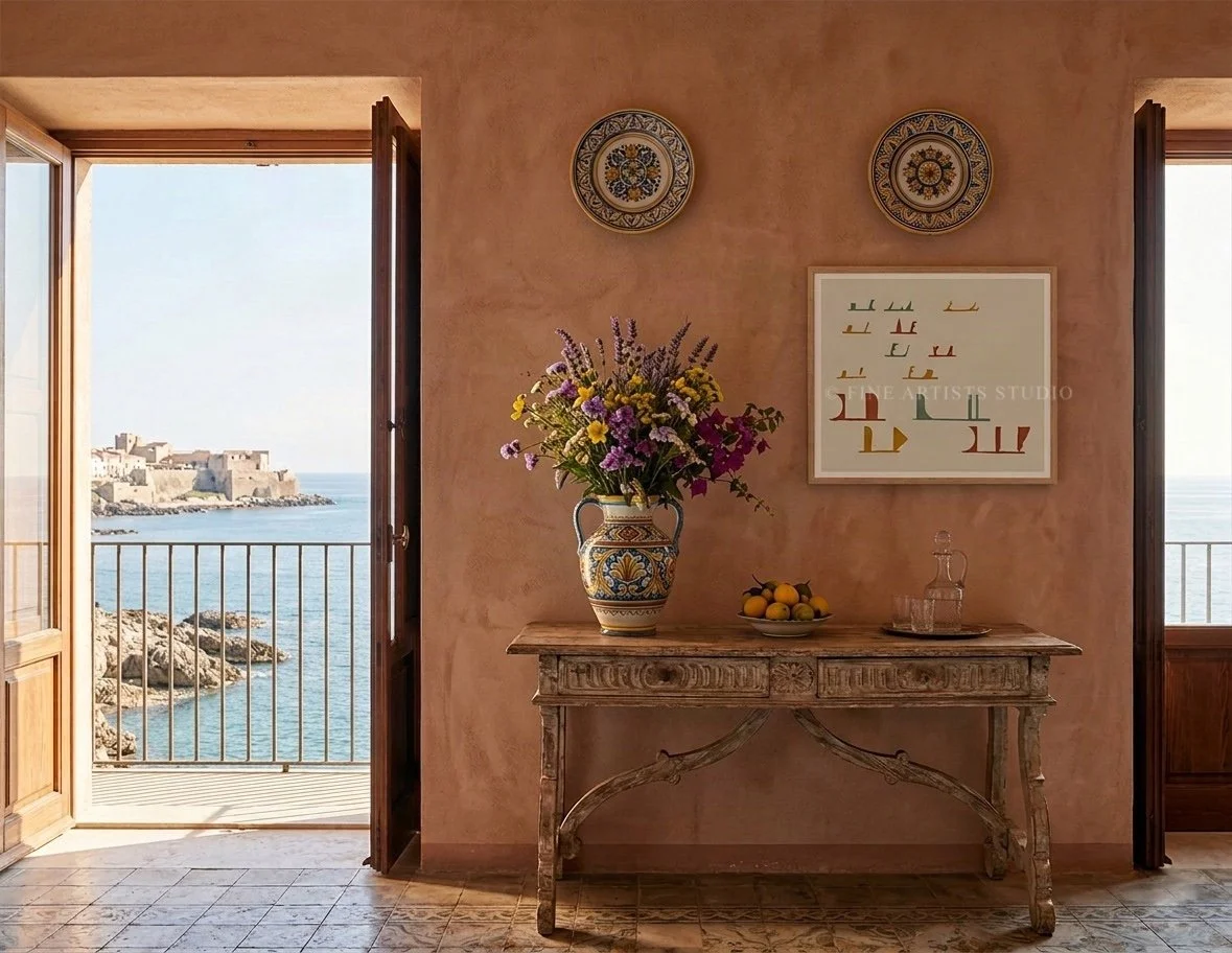 Panoramic horizontal abstract print in a light wood frame hanging on a sun-drenched stone terrace wall overlooking the blue ocean with upscale patio loungers.