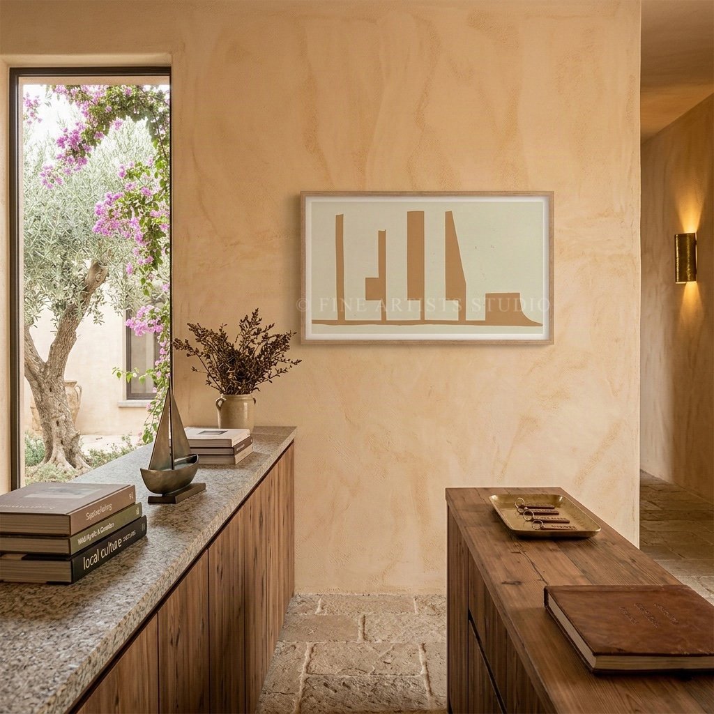 Large horizontal panoramic art print framed on a textured beige wall over an oak wood dining table and a matching pair of classic wishbone chairs.