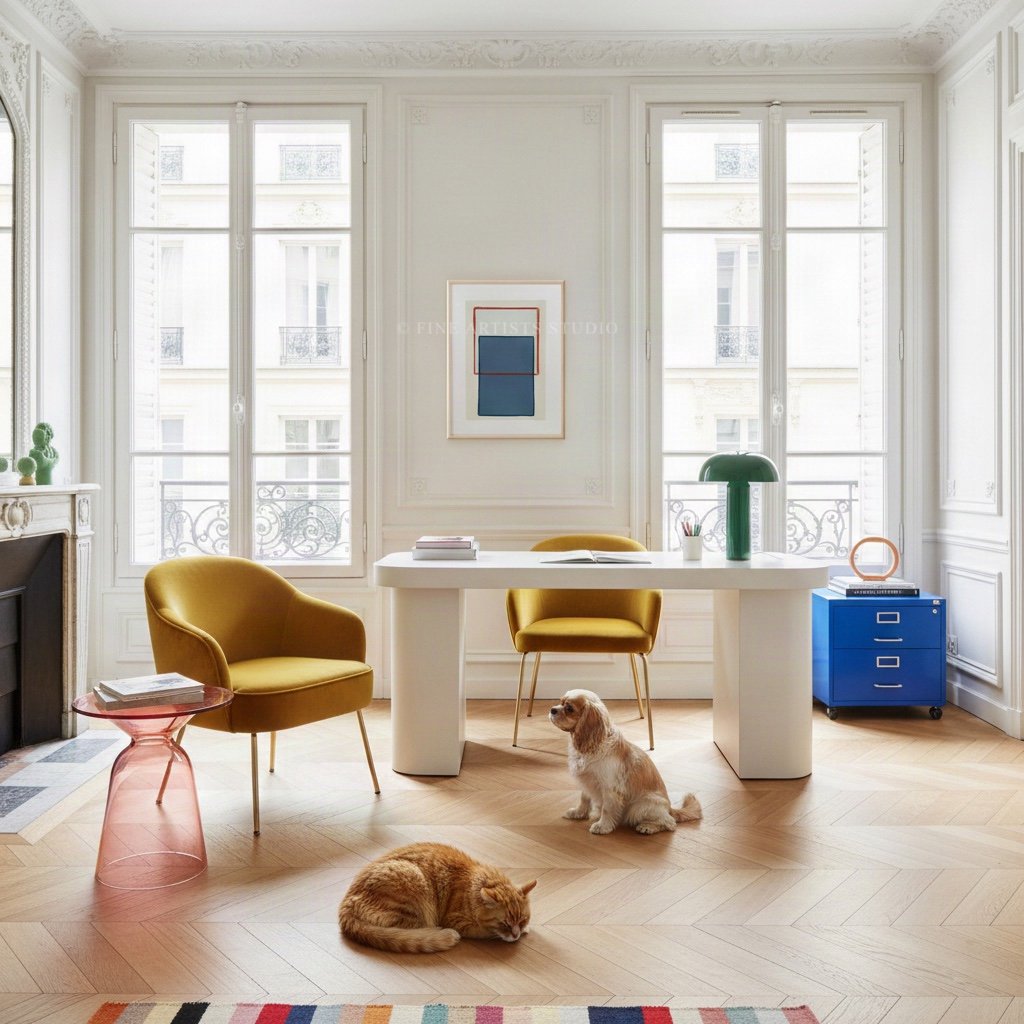 Minimalist handmade artwork titled "Traces Red" by Aggeliki Dimitriadou, featuring a solid blue color block and a fine red line painted with oil pastels using a hand-cut stencil, home office.