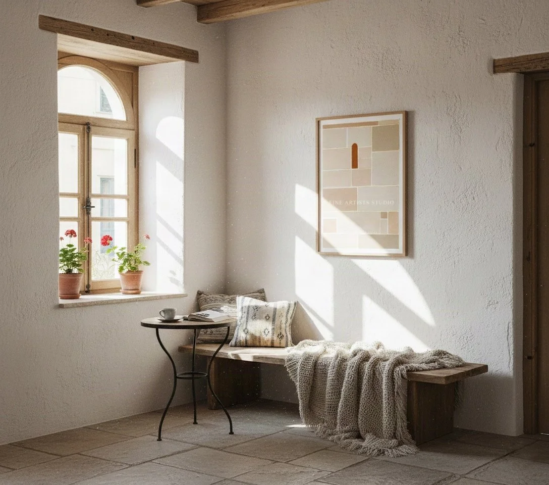 Framed abstract print SCHEMA III by Aggeliki Dimitriadou for Fine Artists studio on a stucco wall above a rustic bench with blankets by a sunlit window.