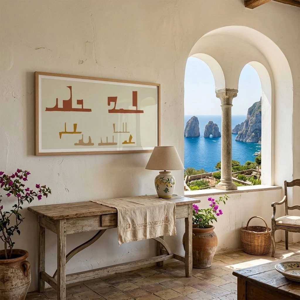 Luxurious Mediterranean living room with high vaulted stone ceilings and arched doorways, featuring a large-scale panoramic abstract painting above a modern low-profile sofa.