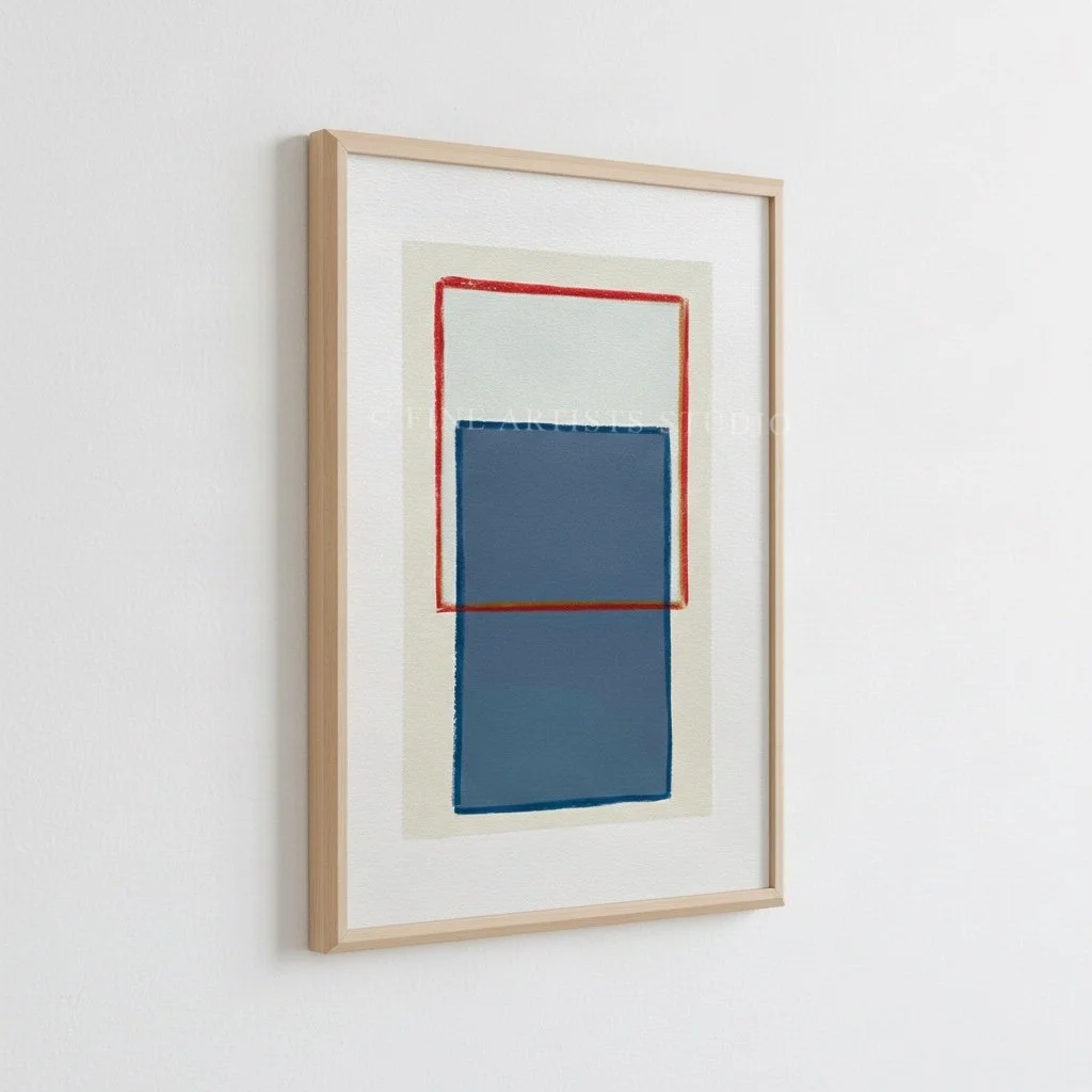 Minimalist handmade artwork titled "Traces Red" by Aggeliki Dimitriadou, featuring a solid blue color block and a fine red line painted with oil pastels using a hand-cut stencil, angled view.