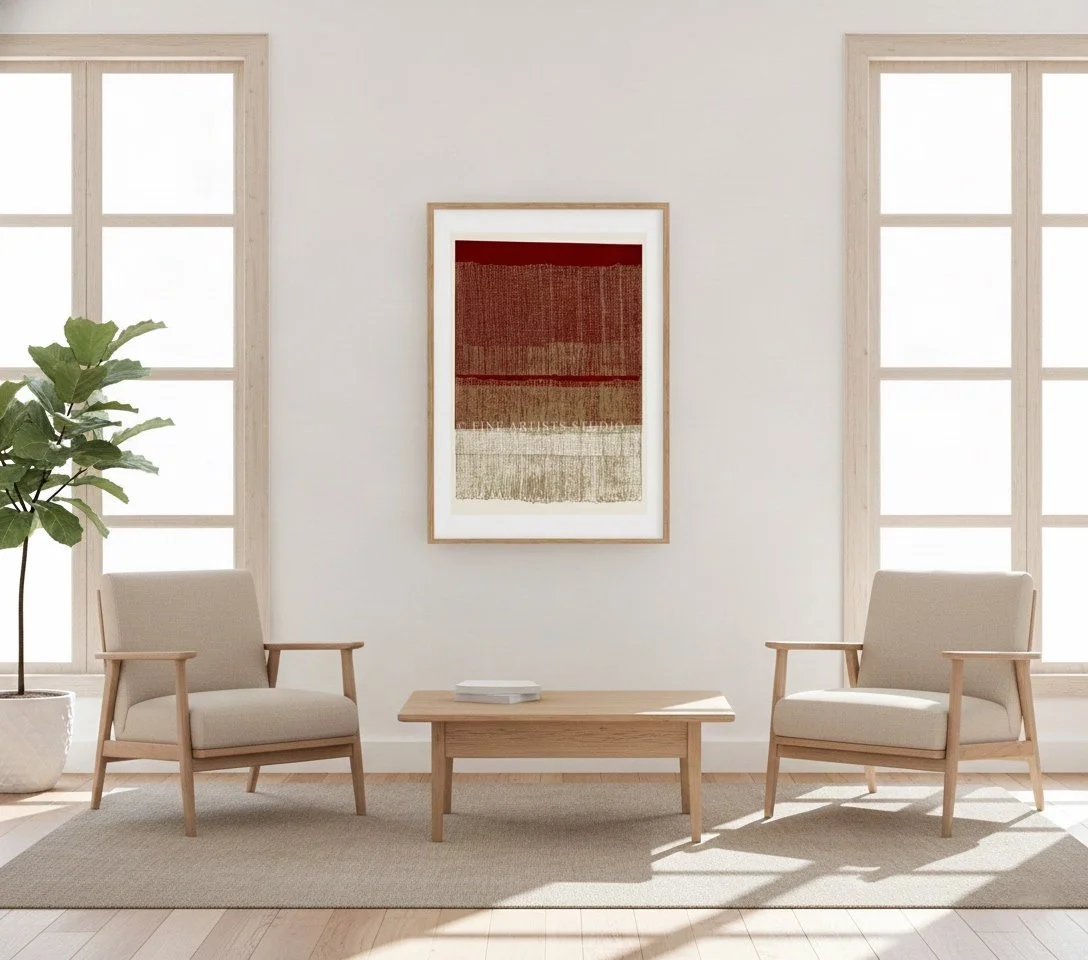 Symmetrical living room layout with the abstract print Terra di Siena from Layers series framed between two square windows.