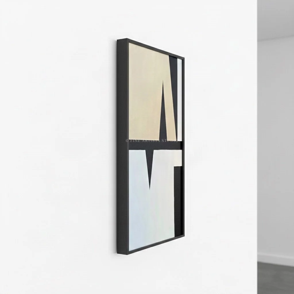 Side-angle view of the framed minimalist artwork "Signal V" mounted on a white gallery wall under soft professional lighting.