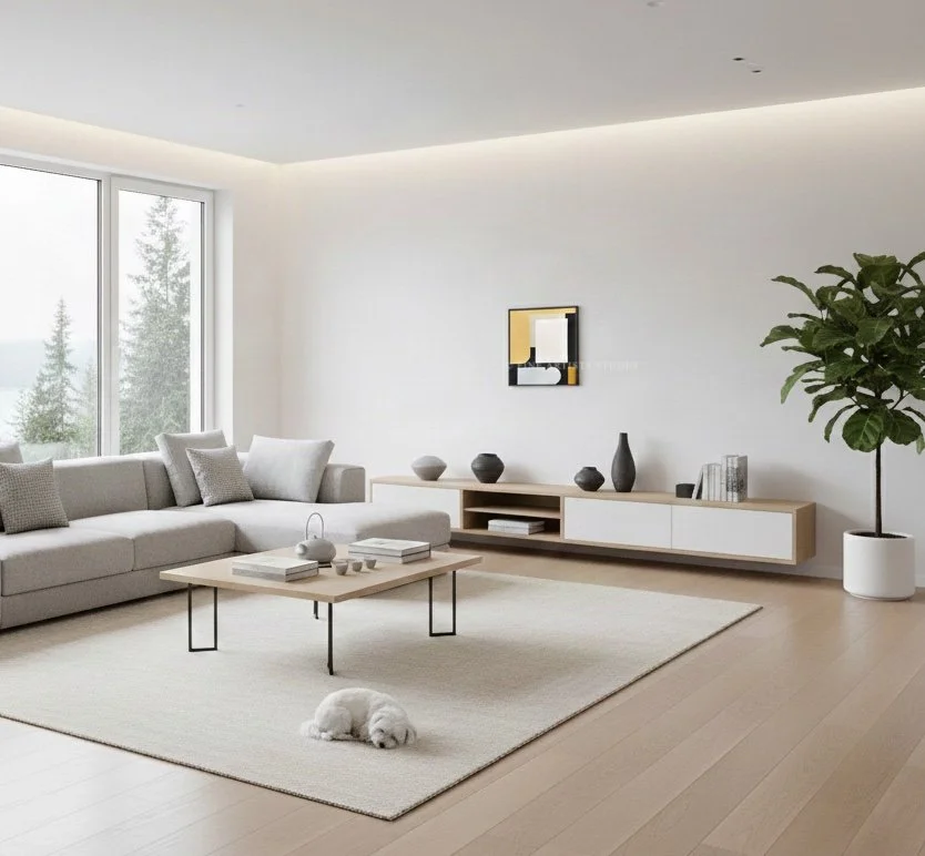 Yellow abstract painting "Signal VII" styled above a wooden cabinet in a bright, modern architectural room.