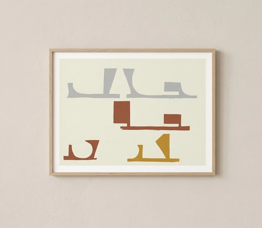 Front-facing view of a minimalist nautical art print titled On the Drift No. 1, featuring abstract terracotta and ochre shapes in a light oak frame on a neutral textured wall.