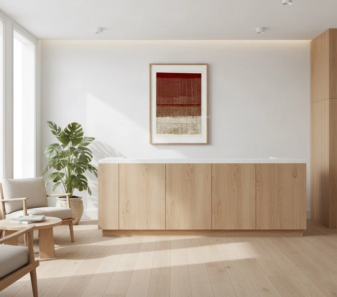 Terra di Siena abstract print from Layers series styled above a long wooden credenza in a bright minimalist room.