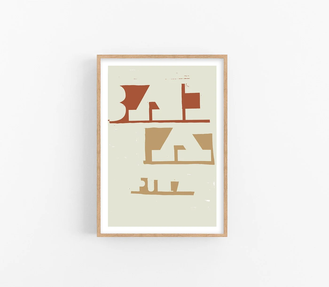 Frontal view of "On the Drift No. 4" art print, a vertical nautical abstraction with terracotta and sand shapes in a light oak frame, isolated on a white background.