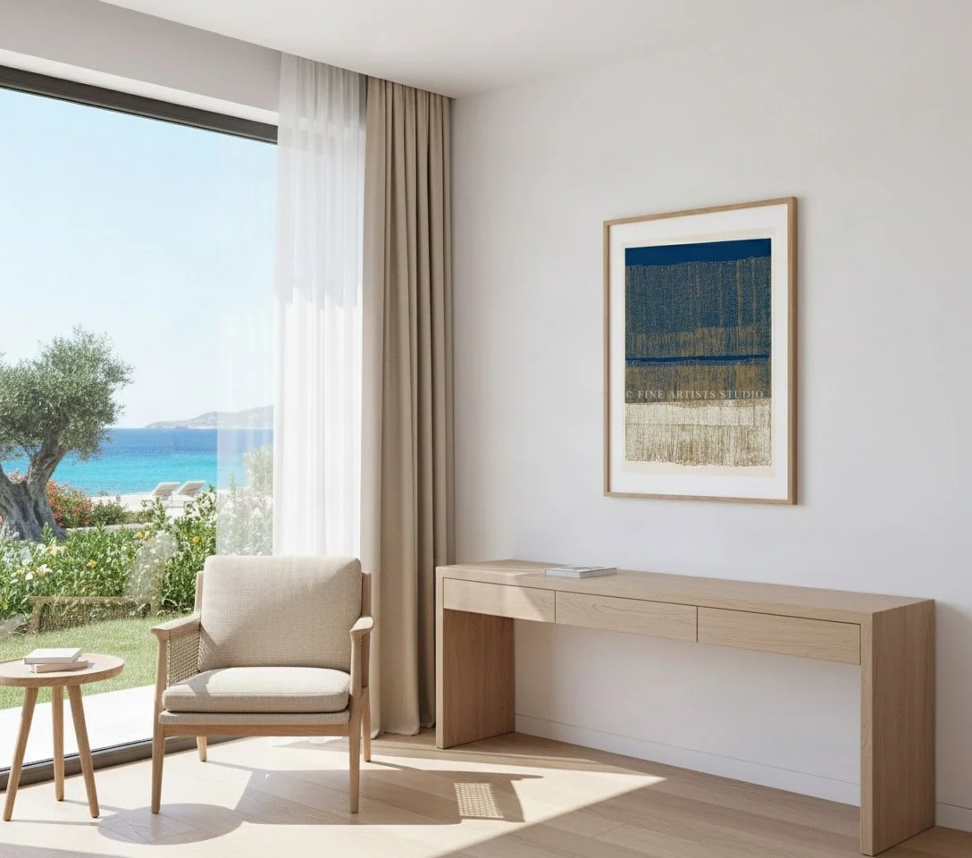 Angled side view of the framed abstract print Terra d'Oltremare from Layers series mounted above a long wooden bench.