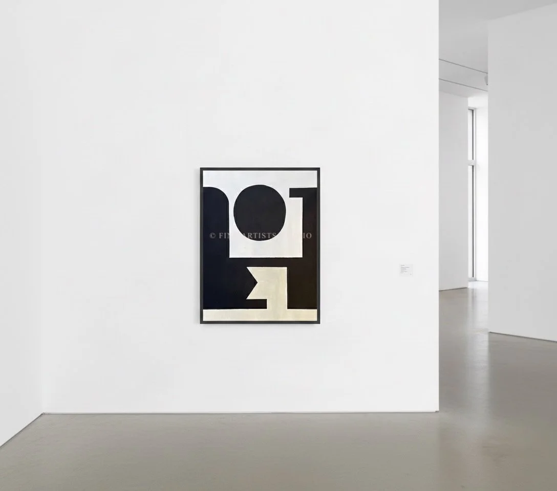 Side profile of the framed painting "Signal I" hanging on a minimalist white gallery wall, highlighting the texture of the acrylic on hardboard and its sleek black frame.