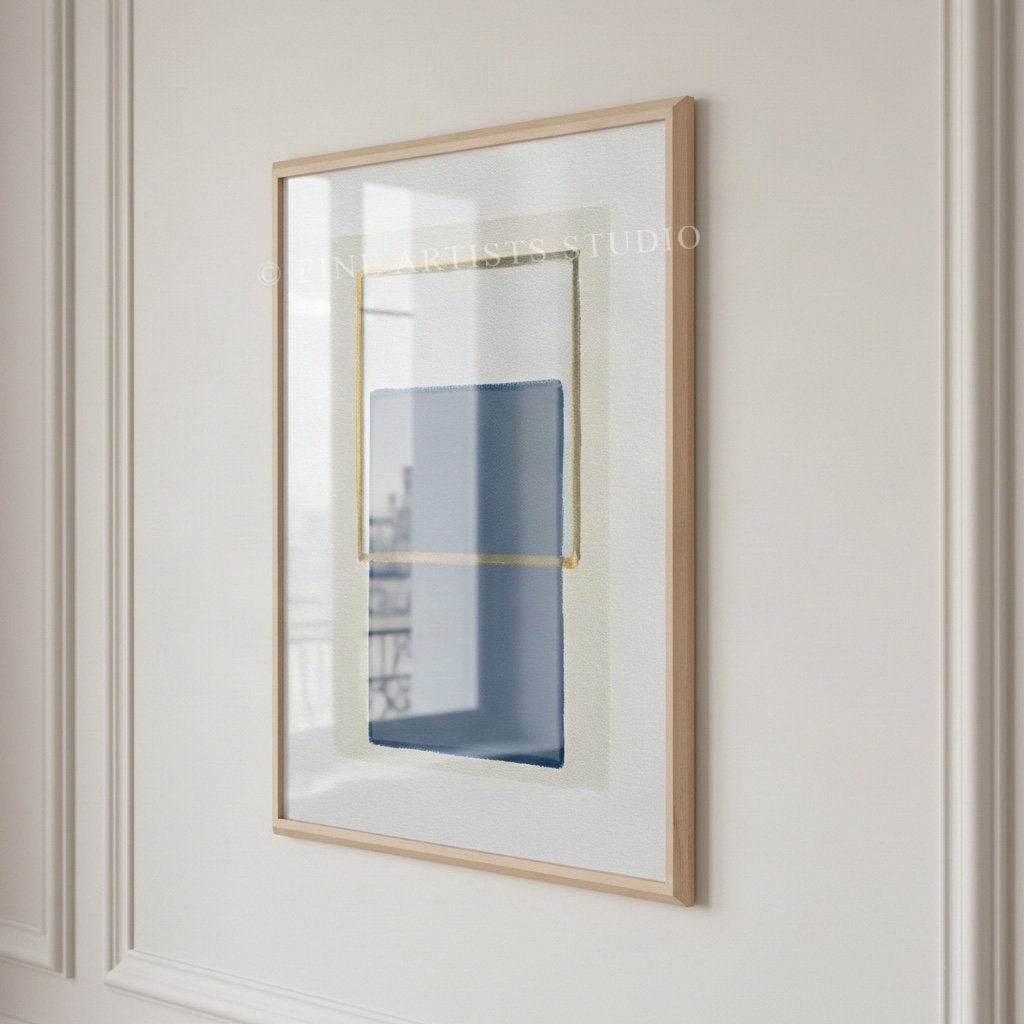 Minimalist handmade artwork titled "Traces Green" by Aggeliki Dimitriadou, featuring a solid blue color block and a fine green line painted with oil pastels using a hand-cut stencil, angled view.