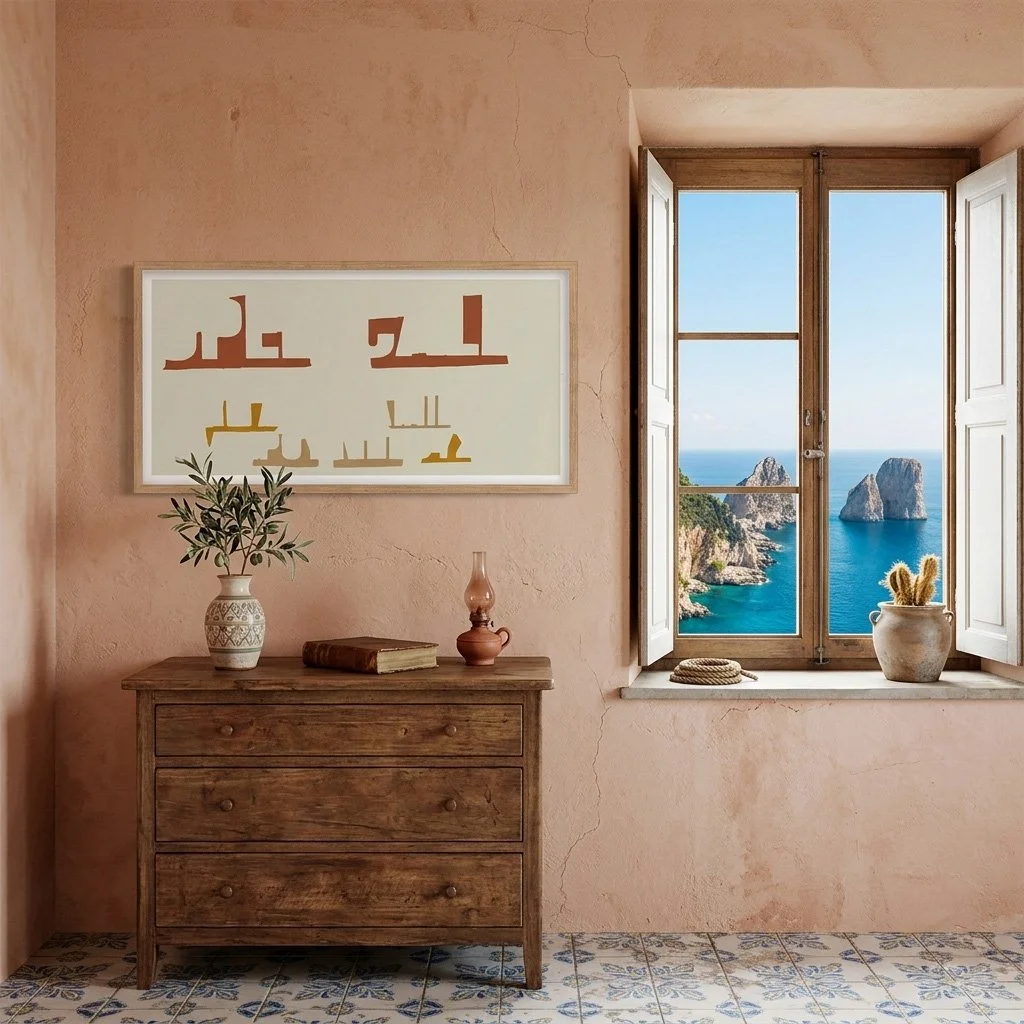 Detail view of a panoramic framed artwork on a textured plaster wall, showing the interplay of light and shadow in a high-end coastal interior design setting.