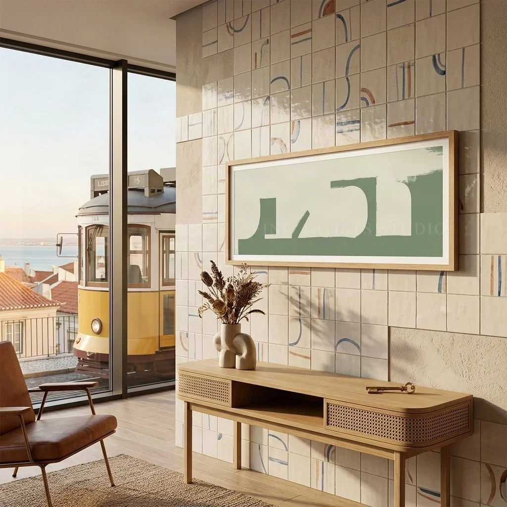 Panoramic green and cream modern artwork displayed in a sunlit European-style lounge with mid-century chairs and a view of a yellow city tram outside.