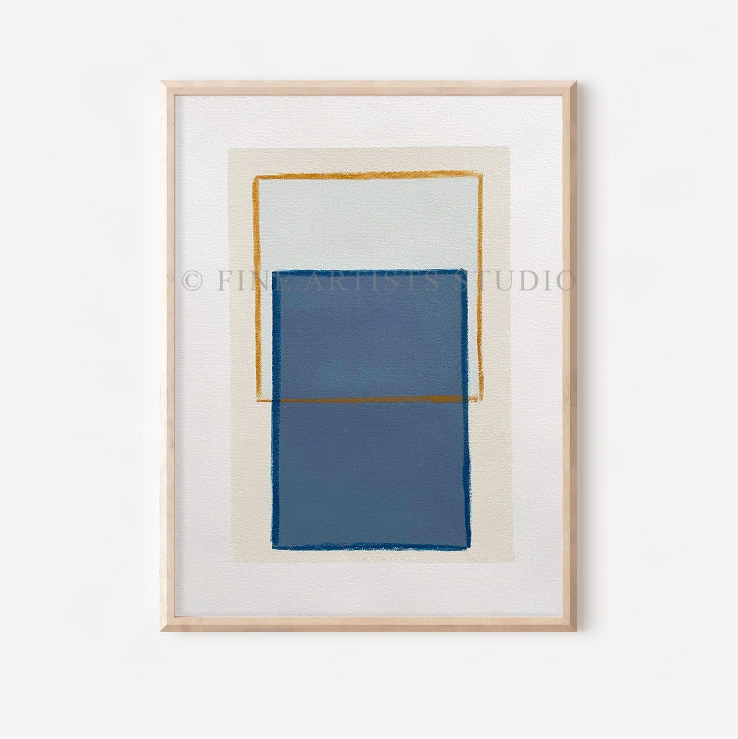 Minimalist limited edition artwork, "Traces Yellow" by Aggeliki Dimitriadou, featuring a solid blue color block and a fine yellow line painted with oil pastels using a hand-cut stencil.