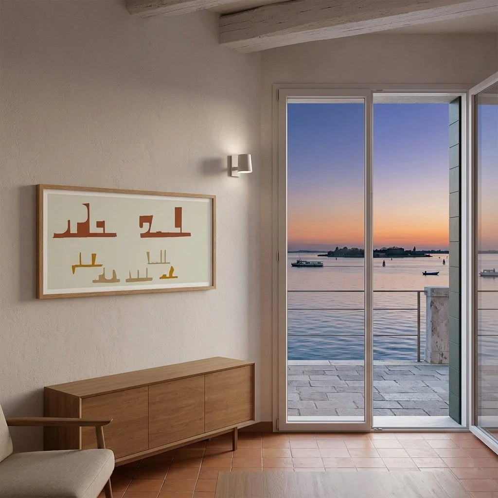 Side perspective of a large oak-framed art print on a rustic stone wall, emphasizing the depth of the frame and the quality of the giclée print paper.