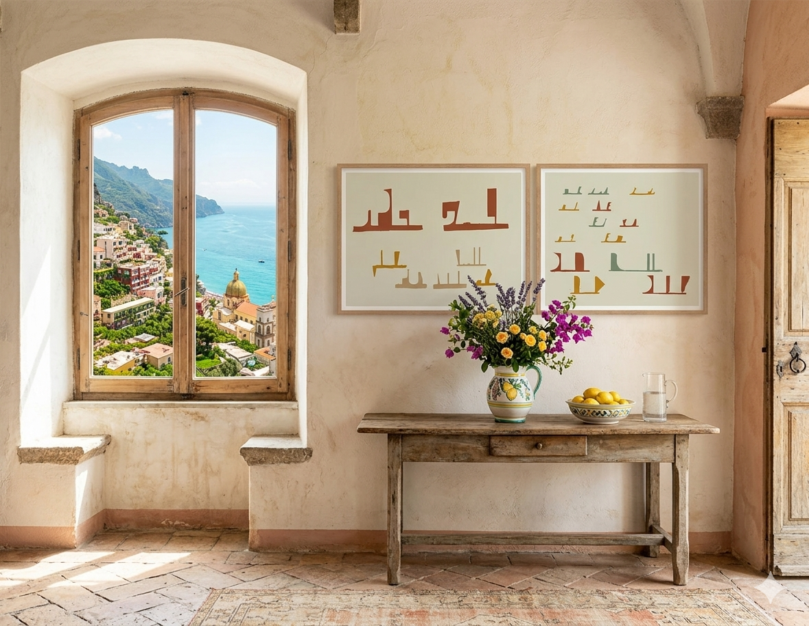 Diptych of two minimalist geometric art prints by Fine Artists Studio. Earth-toned abstract wall art in light oak frames, styled in a rustic Mediterranean villa interior with coastal sea views, showcasing curated art for interior design.
